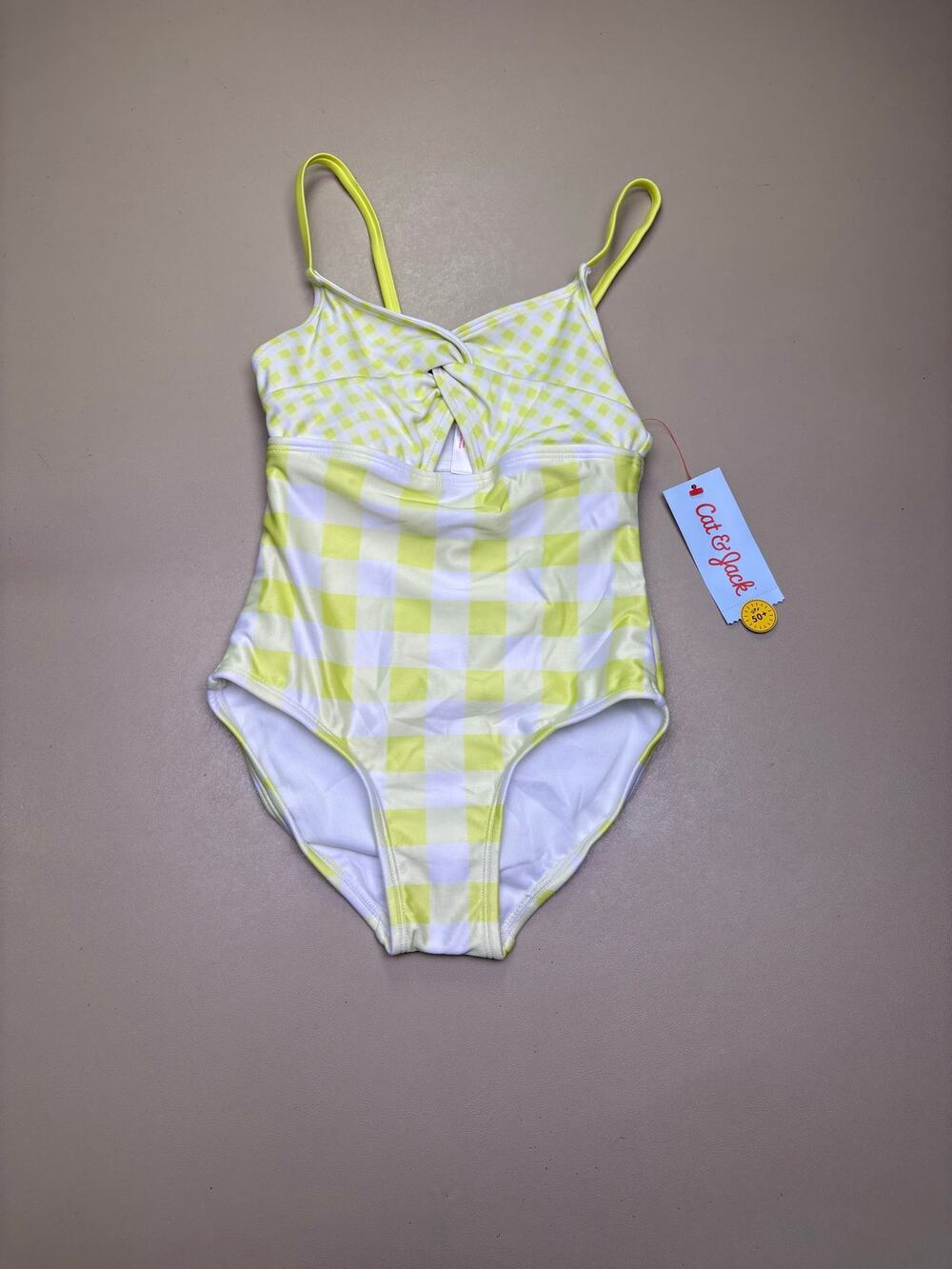 Cat & Jack Girls Yellow Gingham One Piece Swimsuit Size S 6/7 NWT Cutout UPF 50